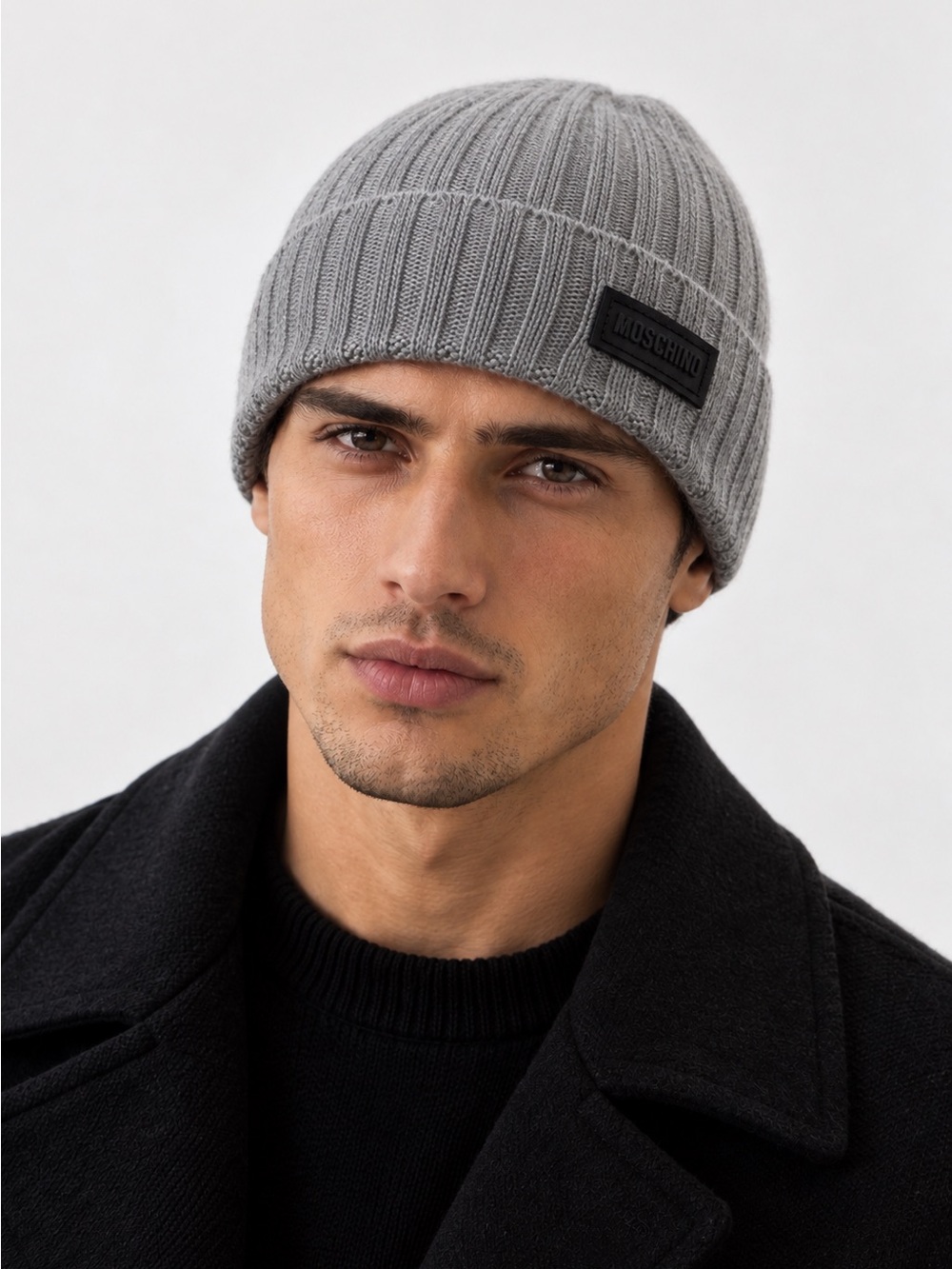 New MOSCHINO Grey Wool & Cashmere Logo Beanie